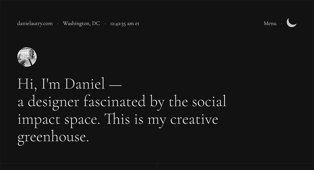 Front page of Daniel Autry's portfolio website.